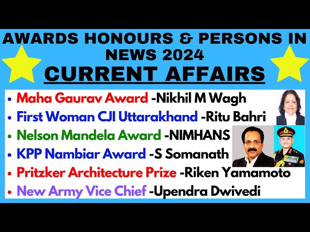 IMPORTANT AWARDS HONOURS & PERSONS IN NEWS 2024 CURRENT AFFAIRS | GENIUS GKQUIZ #currentaffairs