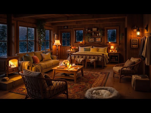 Relaxing Snowfall Space ❄ Cozy Cabin with Soothing Jazz & Fireplace Sounds to Unwind