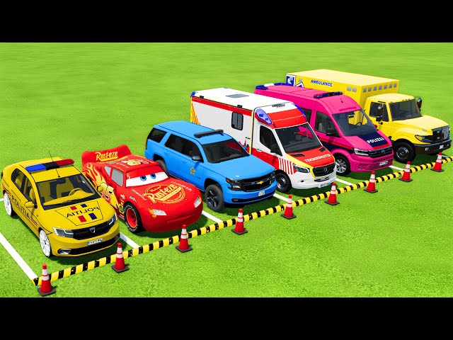 TRANSPORTING POLICE CARS, AMBULANCE EMERGENCY VEHICLES WITH TRUCKS ! FS22