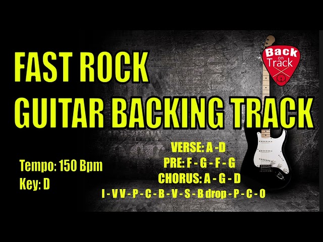 Guitar fast rock backing track - 150 Bpm  Key D (with Chords)