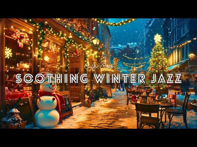 Soothing Winter Jazz Music to Relax 🎄 Lakeside Coffee Shop Ambience ~ Scenery of Snow Falling ☕