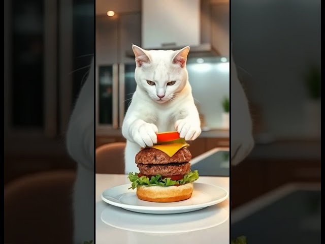 The Purr-fect Chef: White Cat's Gourmet Hamburger Journey | Paws  #viralvideo #cat #funny