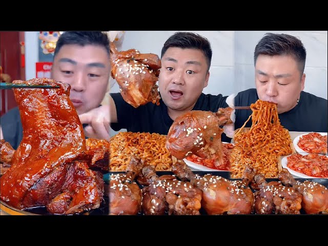 Mukbang food | Eating Small Fried Chicken Thighs With Super Spicy Cream Turkey Noodles, Pork Elbow