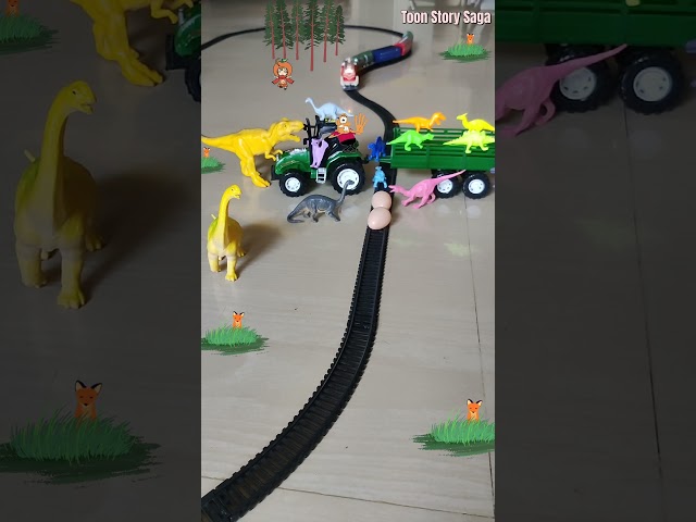 Dinosaurs are playing on farm tractors near railway track and train approaching fast USA