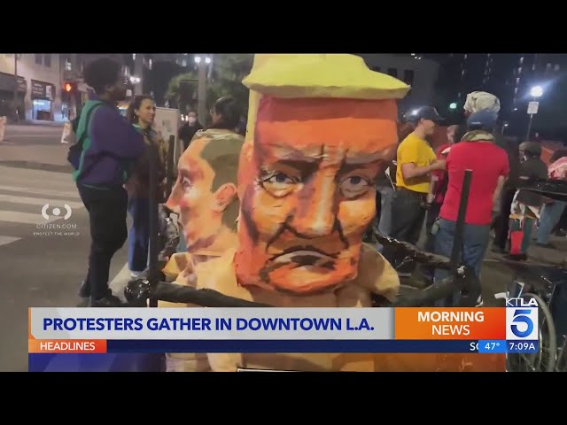 Demonstrators with Trump, Musk effigies seen in downtown Los Angeles on Inauguration Day 