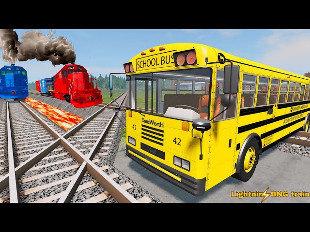 5 Monster Truck vs Big & Small: Funny Cars Slide Color with Triple Rails and Trains BeamNG Drive 04