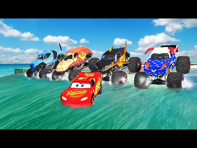 HERO LIGHTNING MCQUEEN AND 4 COLORS POOR CARS VS ANGRY 4 MONSTER TRUCKS FIGHT