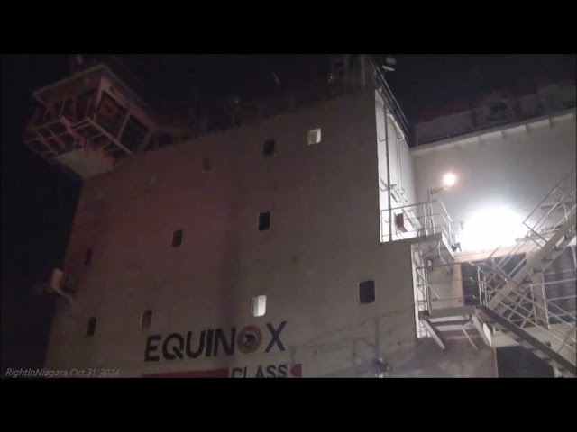 Ship ALGOMA NIAGARA departs Lock 1, night view, Welland Canal, 2024