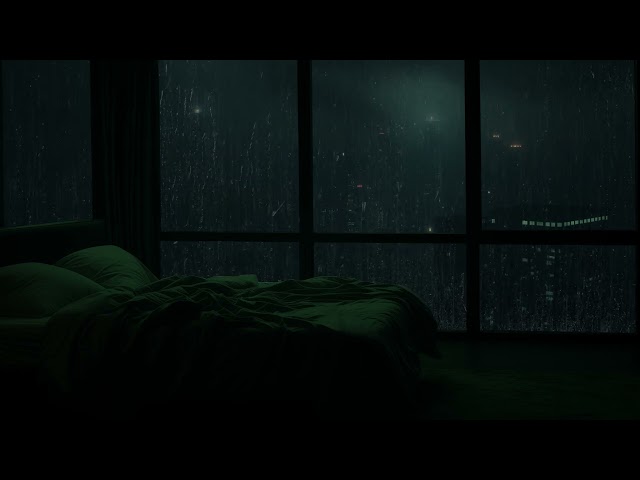 Night Rain Sounds for Deep Relaxation in a Minimalist Bedroom Facing a Misty Green City