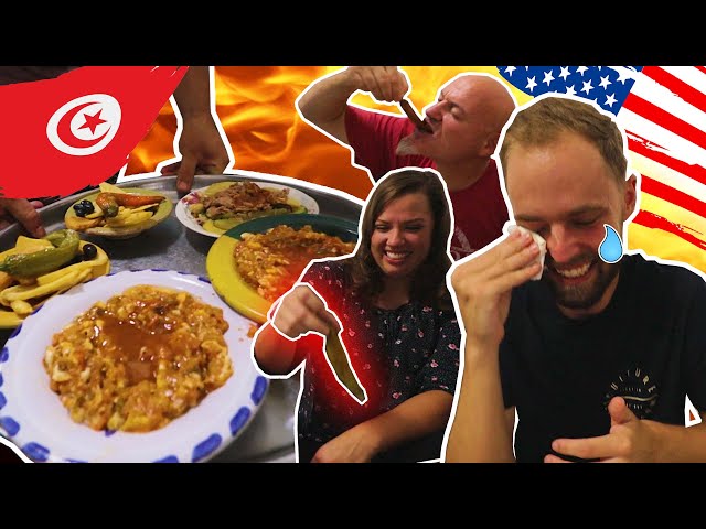 Americans trying Tunisian food - أمريكان يجربون الأكلات التونسية (& spicy pepper challenge🔥😂 )