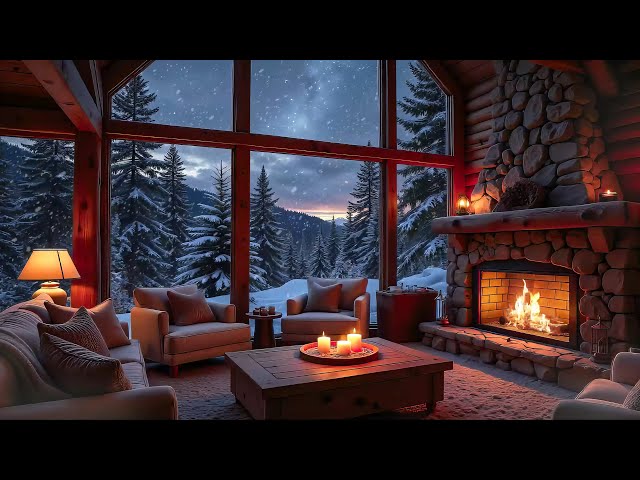 Snowfall at Cozy Winter Cabin Ambience 🏠🎹 | Slow Piano Music & Fireplace Sounds for Relaxation 🔥