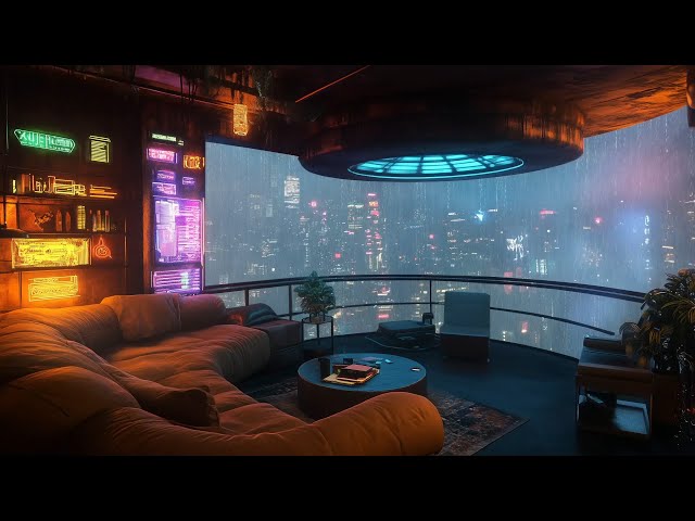 🎵 Neon Balcony: Rain and Dark Ambient Music | Cyberpunk Skyline View | 4K | 10 Hours