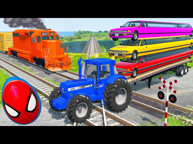 Double Flatbed Trailer Truck vs Speedbumps Train vs Cars Tractor vs Train Beamng.Drive