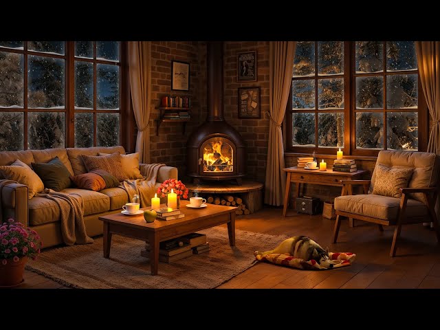 Cozy Winter Living Room with Warm Jazz Music and Crackling Fireplace for Relaxation