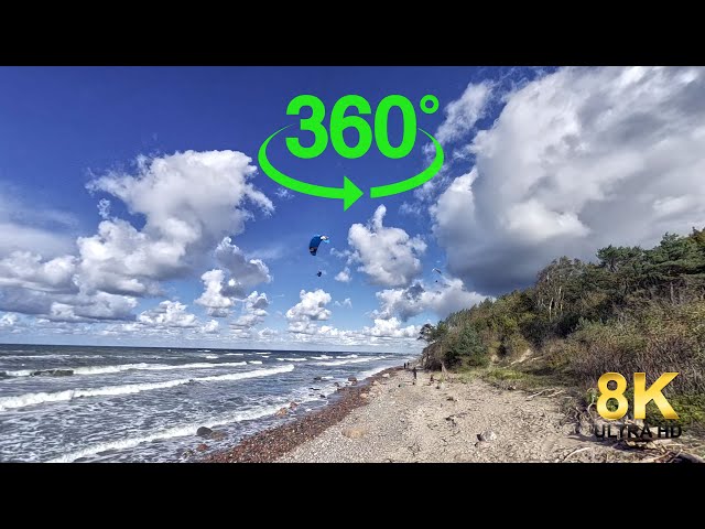 360° 8K VR video. Paragliding Adventure: Soaring Along Coastal Dunes and Sea Views