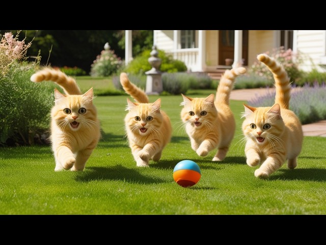 The yellow cat played ball with his friends in the yard of the house