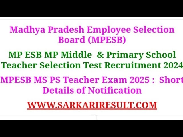 Madhya Pradesh Employee Selection Bord (mpesb) MS PS Teacher EXAM 2025 #madhaypardesh #newvacancy