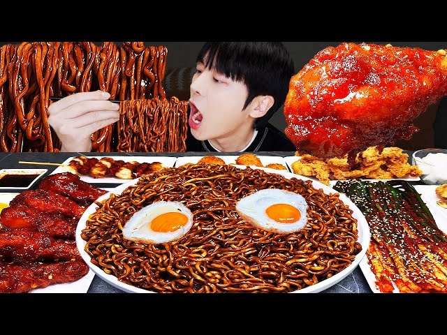 ASMR MUKBANG | Fried Chicken, fried egg, black bean noodles, kimchi Korean Food recipe ! eating