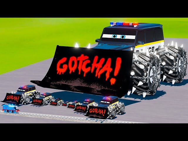 Big & Small Police Red Vizor Ram Spiked Thorns Monster Truck McQueen VS Thomas Train BeamNG.Drive