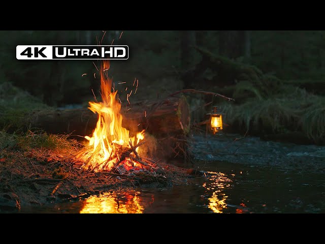 4K 📺 Campfire by the dark River 🌙 Soothing sounds of Nature