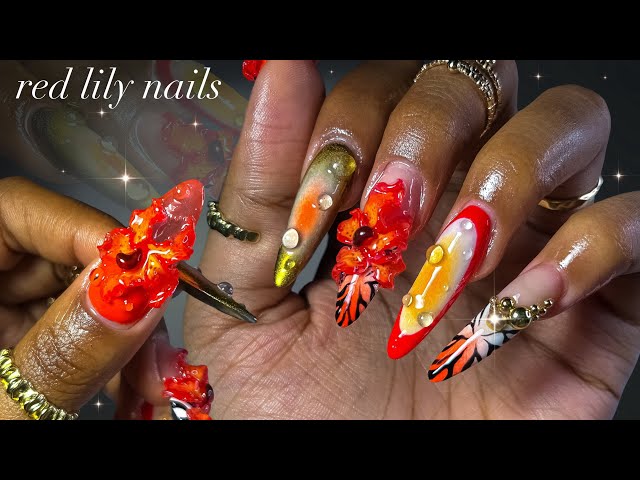 Red Lily Nails🌺🐅✨| acrylic nails freestyle + 3D flower nail art!✨