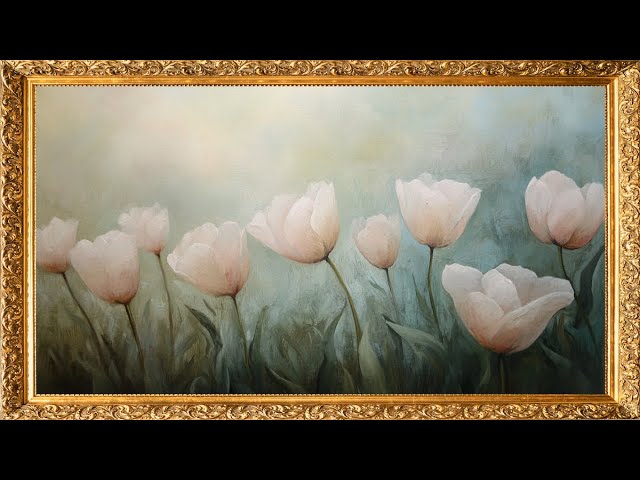 Vintage TV Art: Tulips in the Mist | Gold Framed Oil Painting | 4K TV Art Screensaver