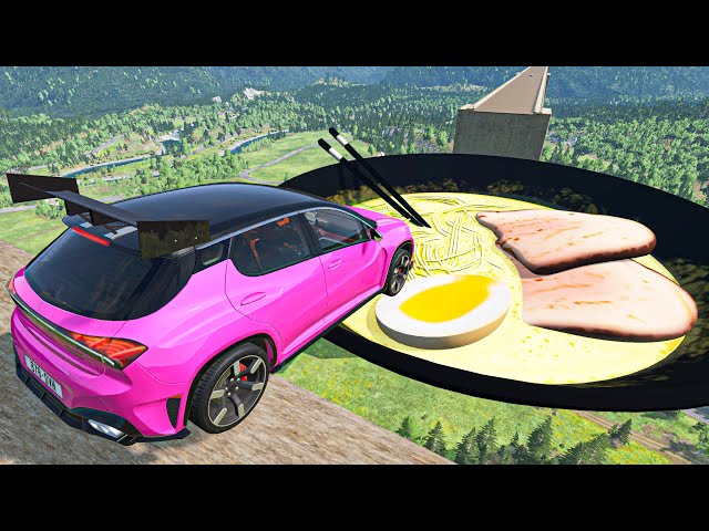 Open Bridge Crashes over Giant Tonkotsu Ramen Plate - BeamNG.Drive Cars Jumps & Crashes Compilation