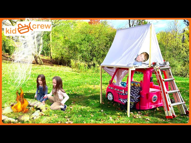 Camping adventure in Power Wheels RV, roof tent on Barbie car Dream Camper, campfire | Kid Crew