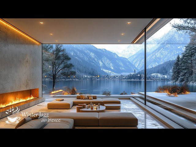 4K Cozy Winter Vibes Ambience ❄️ Cozy Lakeside Living Room with Fireplace & Smooth Sax Jazz