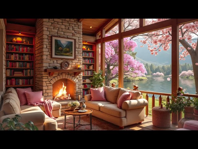 Cozy Spring Cabin Ambience 🌺 Soft Piano, Warm Fireplace and Sounds of Nature for Deep Sleep