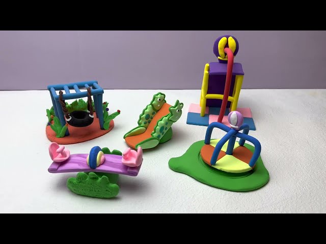 How to Make miniature Polymer Clay swing, slide, seesaw, Turn around, fire pole | Playground #ep27