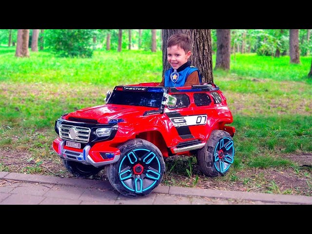 Artem ride on police car. Kids playing COP Ride on Transport Video for kids