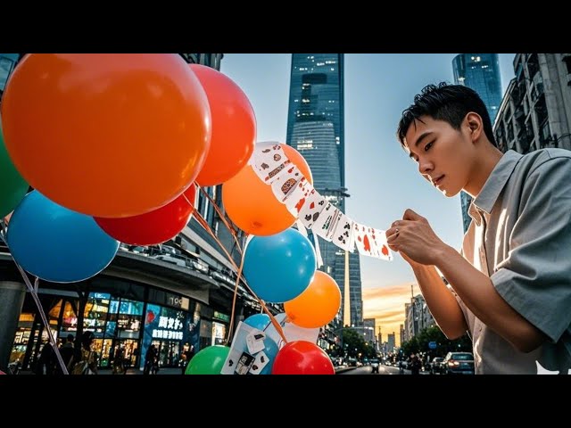 飞卡特技眨眼间就穿过了气球Flying card stunts cut through balloons in the blink of an eye