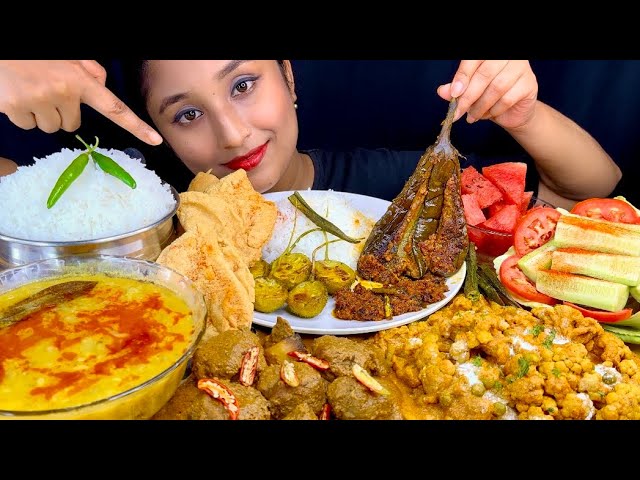 Real Mukbang Eating😋Dal,Chawal,Dry Brinjal Fry,Gobi Roast,Kofta,Fries,salad,watermelon🍉|Big Bites|