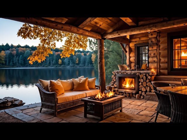 Smooth Autumn Jazz Outdoor Lakeside Cafe Ambience 🍂 Cozy Fall Crackling Fireplace Music To Relax