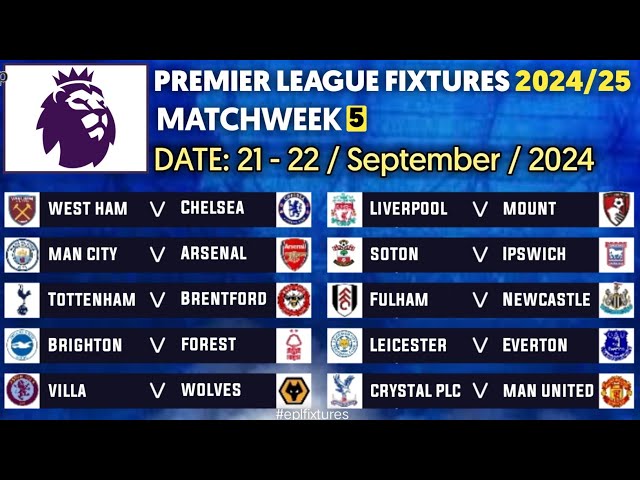 EPL FIXTURES TODAY - MATCHWEEK 5 - PREMIER LEAGUE FIXTURES 2024/25 - EPL FIXTURES 2024-25