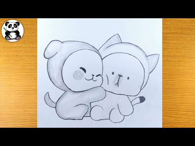 Cute kitty couple pencil sketch | cute bear art | easy arts ​⁠@TaposhiartsAcademy