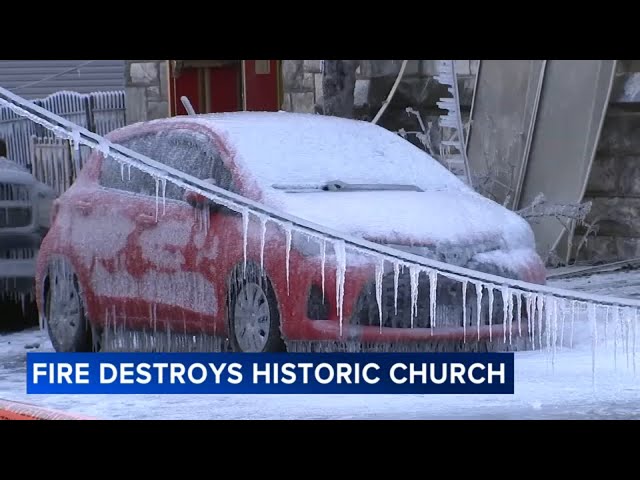 Ice encases nearby cars, powerlines after fire destroys historic North Philadelphia church