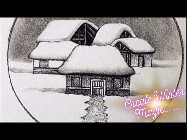 How to Draw Beautiful Hut In Snow | Easy Snow Scenery Drawing