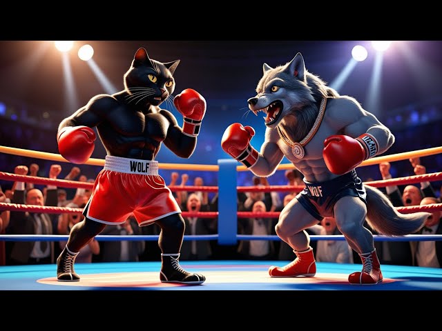 A black muscular cat fighting a wolf in a boxing ring.#aicatshorts #catvideos #aicat