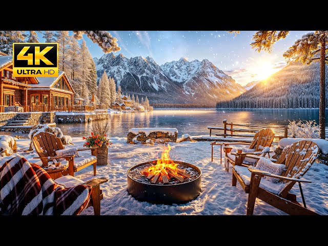 Relaxing Morning Winter Ambience by the Lake with Snowfall, Crackling Fire, Nature Sounds for Sleep