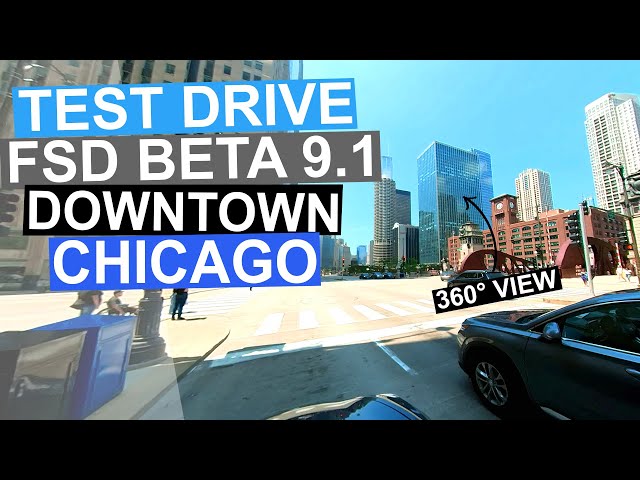 Testing FSD 9.1 Downtown Chicago in 360 | Traffic, Bus, Lane Selection | 2021.4.18.13 FSD Beta V9.1