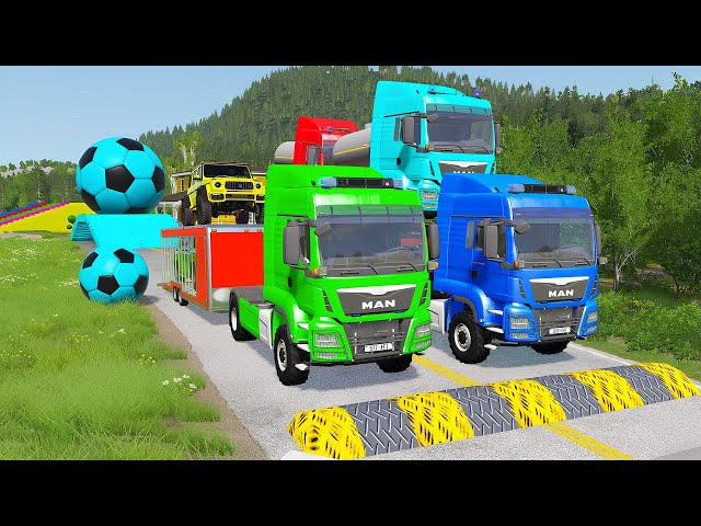 Double Flatbed Trailer Truck vs Speedbumps Train vs Cars | Tractor vs Train Beamng.Drive