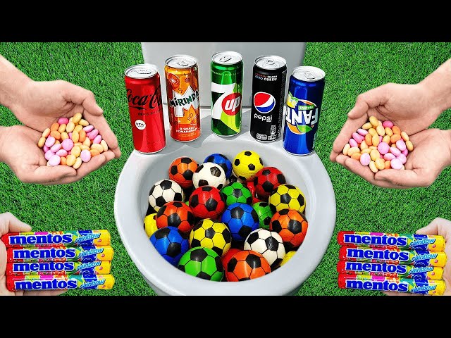 Football VS Coca Cola Zero, Mirinda, Fanta, 7Up, Pepsi and Mentos in the toilet