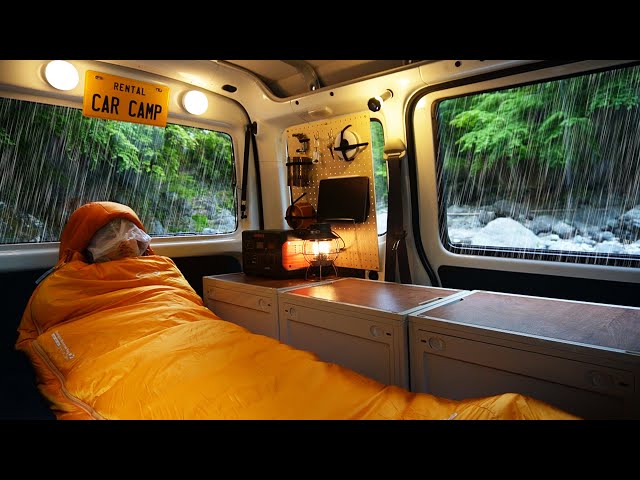 Camping alone in small car in Heavy rain. Overnight in the mountain stream.