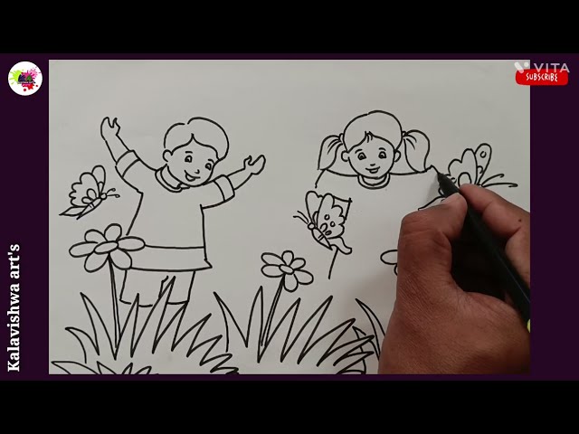 park drawing/garden drawing/children playing in the garden/how to draw garden drawing/ park drawing