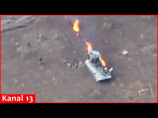 Drone footage shows Russian soldiers trying to escape from burning equipment for salvation