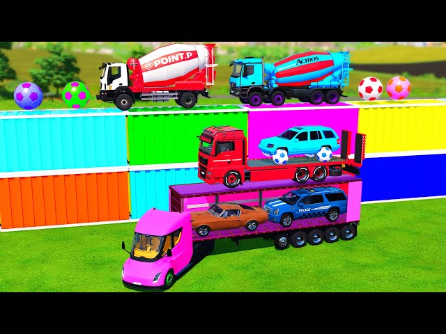 Double Flatbed Trailer Truck vs Speedbumps vs Train vs Cars | Tractor vs Train - Beamng.Drive #010