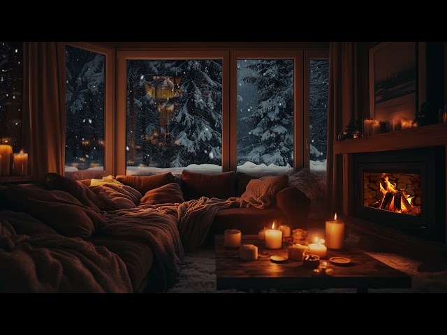 Peaceful Winter Night in a Cozy Room | Fireplace Crackles and Piano Music for Relaxation