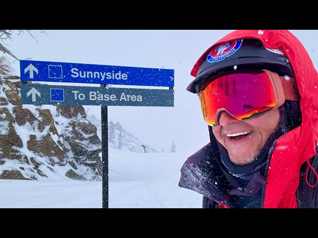 Skiing a powder day at Palisades Tahoe, taking the blue Sunnyside run on a snowy Saturday in March